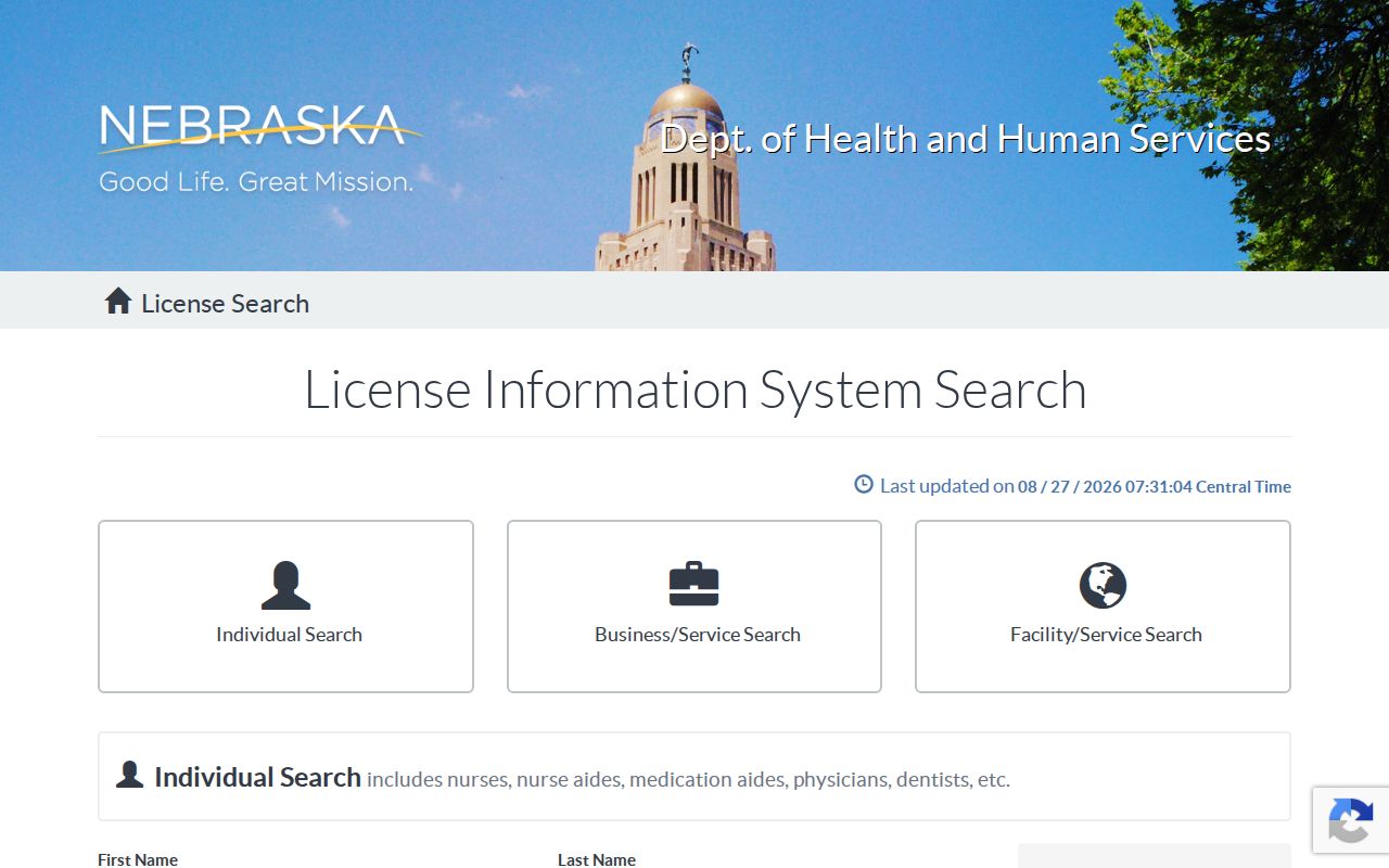 Bellevue ZIP code field in the Nebraska DHHS License Information System
