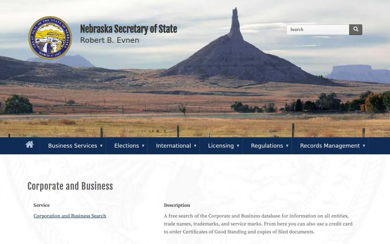 Bellevue ZIP code research context on Nebraska Secretary of State business search page