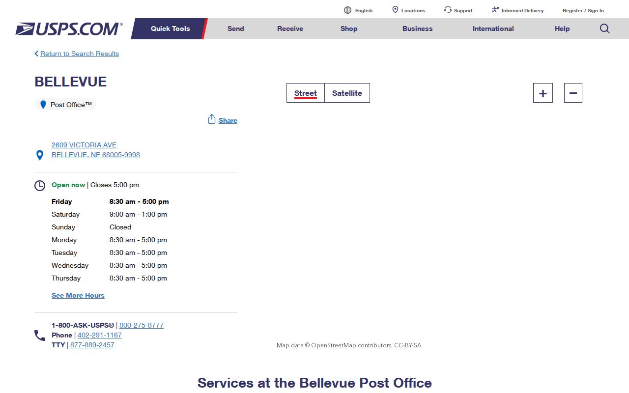 Bellevue ZIP code information on the USPS Bellevue post office page